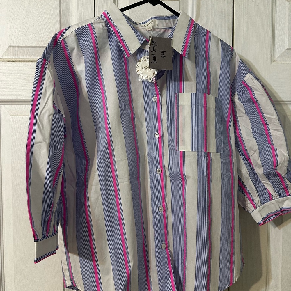 Striped Button Down Shirt - Blue, Pink, White
